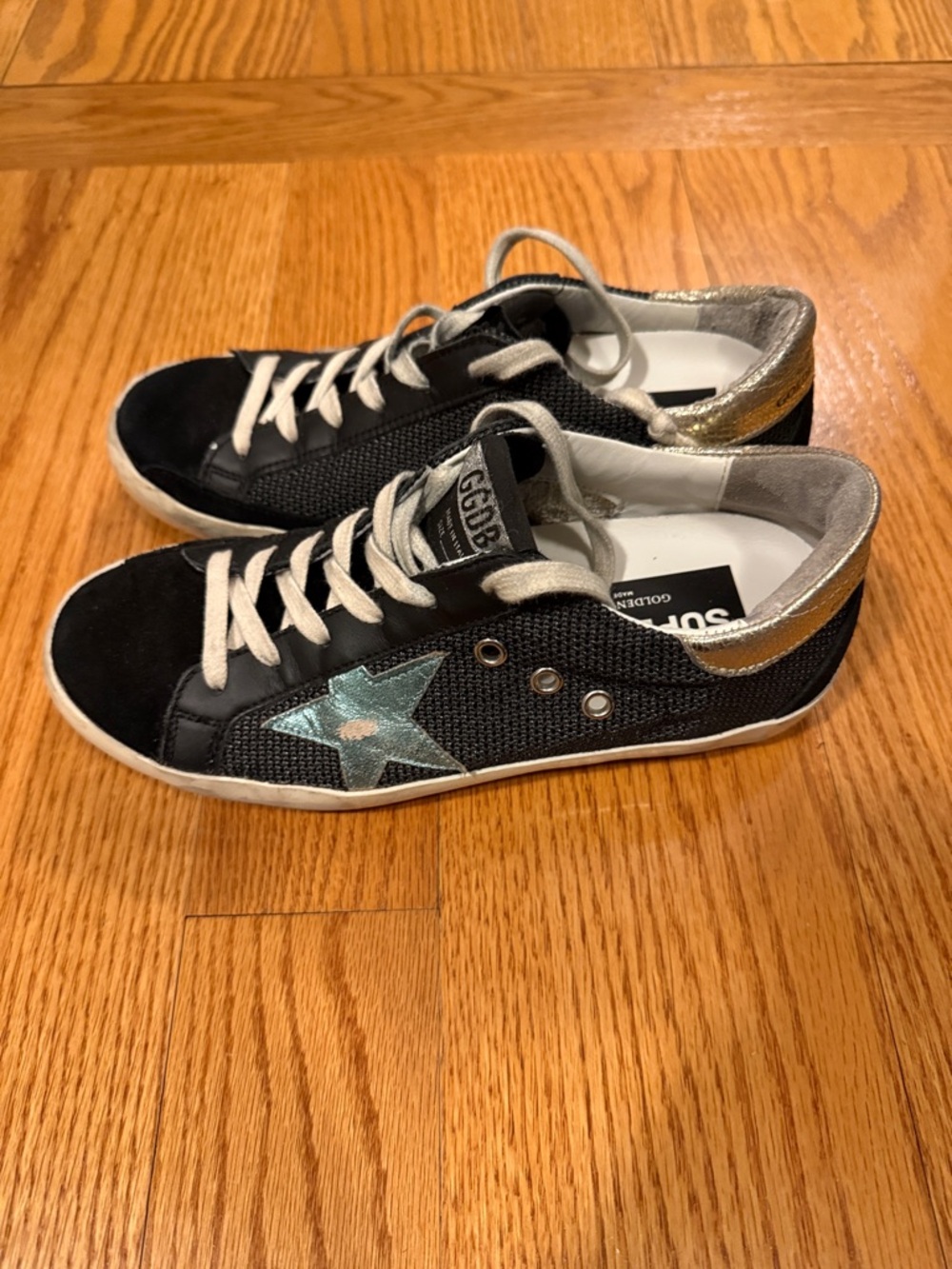 Golden Goose Black Mesh Low-Top Sneakers with Light Blue Star and Gold Heel Tab